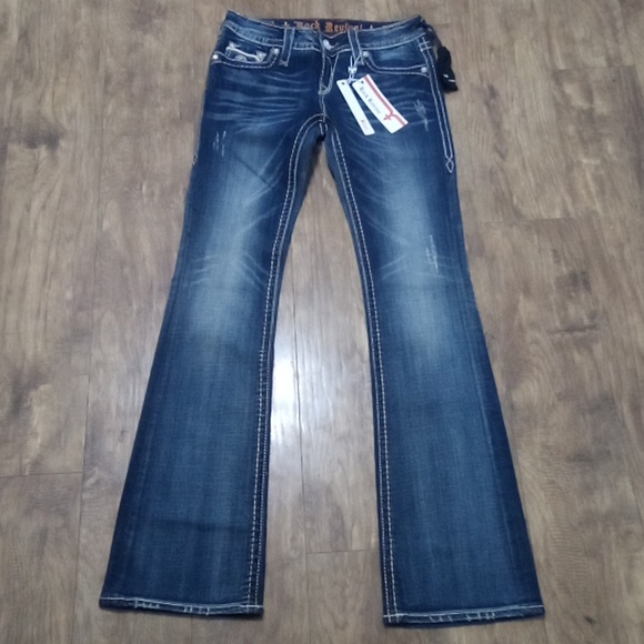 Rock Revival Women's 26 Bootcut Jeri Faux Leather Flap Pockets Distressed NWT - Picture 2 of 13